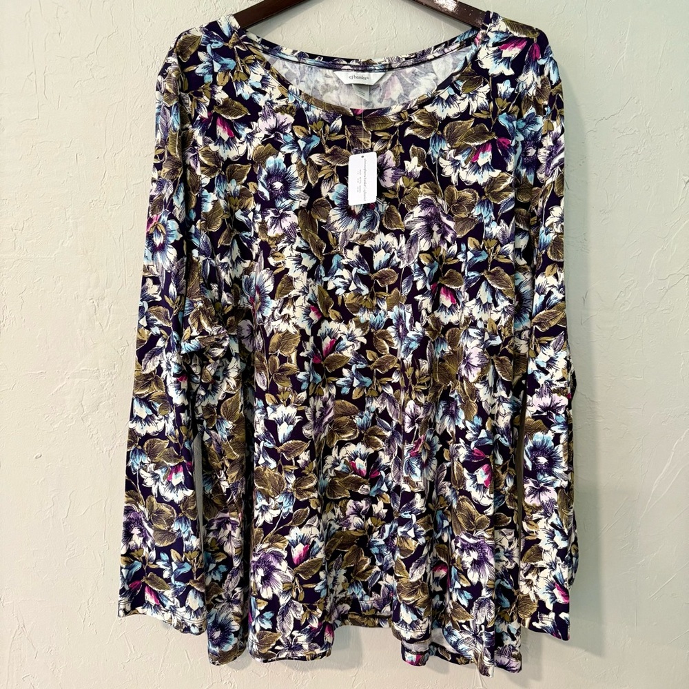 CJ Banks-Women’s Plus Olive Purple Blue Floral Pattern-Long Sleeve-Size 3X-NWT